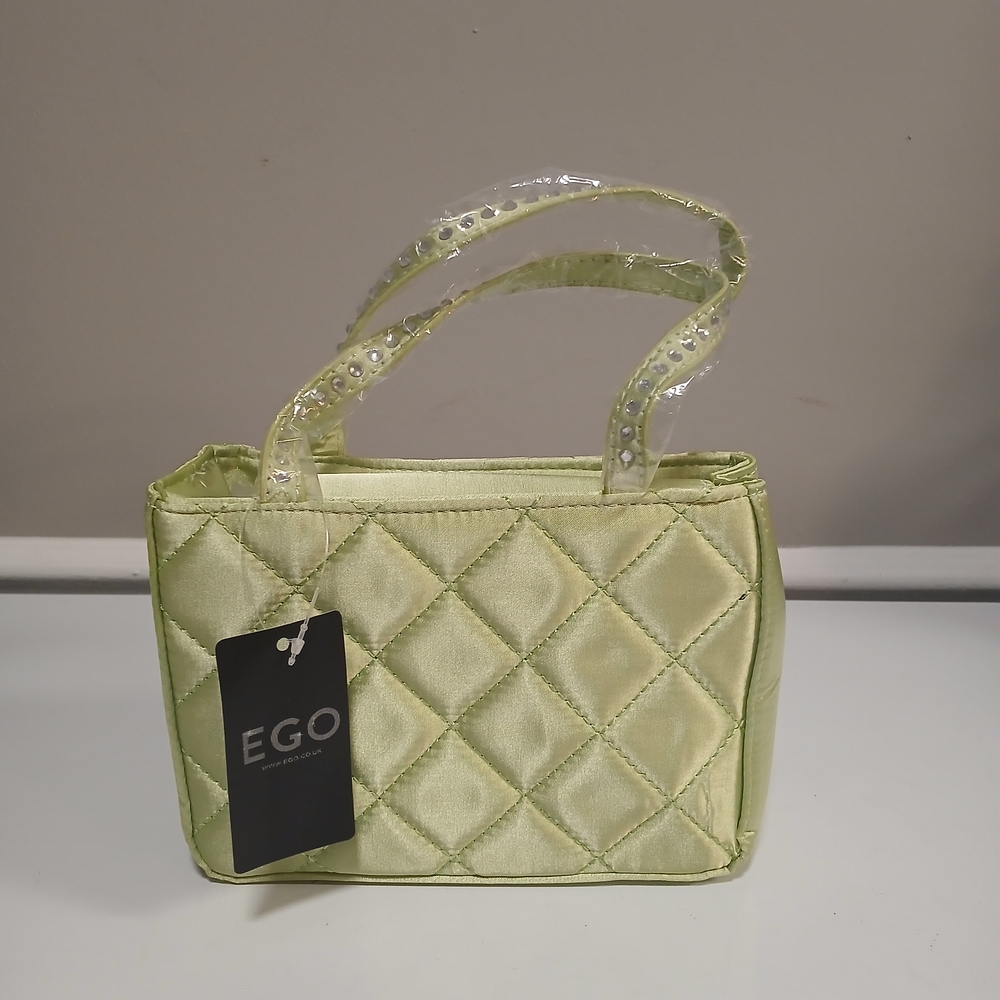 EGO Lime Green Quilted Satiny Rhinestone Handle Mini Tote Bag New!